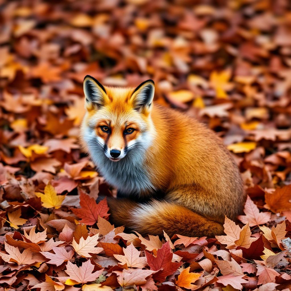 A red fox resting in a deep bed of fallen leaves.