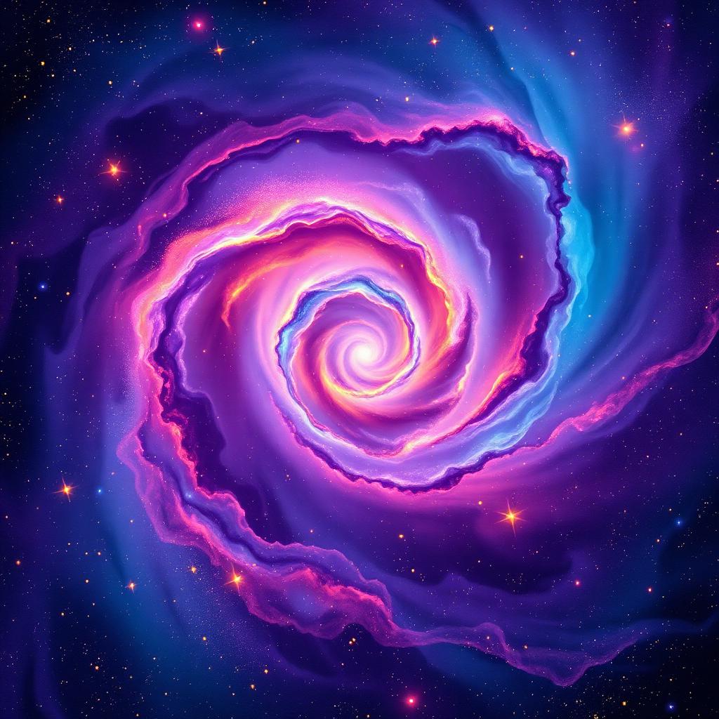 A swirling nebula in violet, magenta and gold.