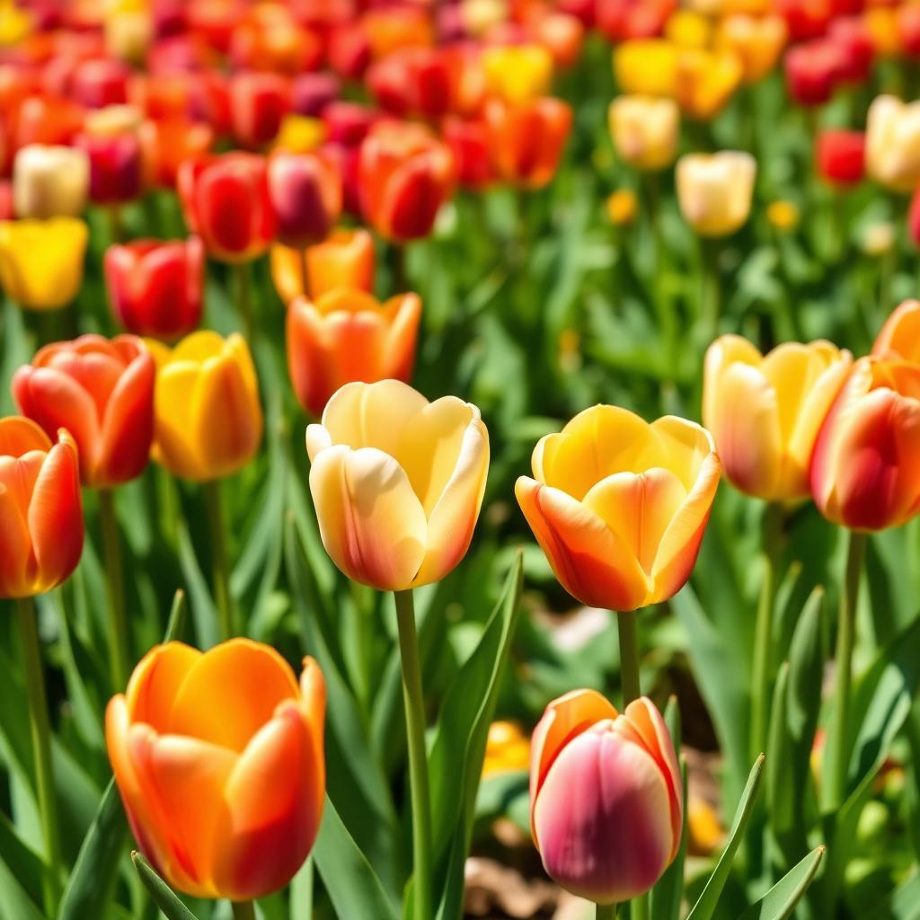 Rows of tulips glowing in late spring sunshine.